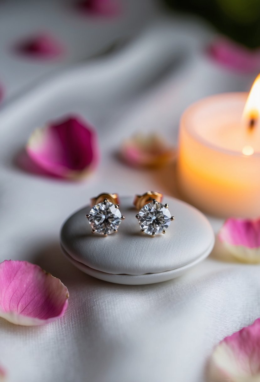 Two delicate diamond studs rest on a soft, white fabric, surrounded by a scattering of rose petals and a glimmer of soft candlelight