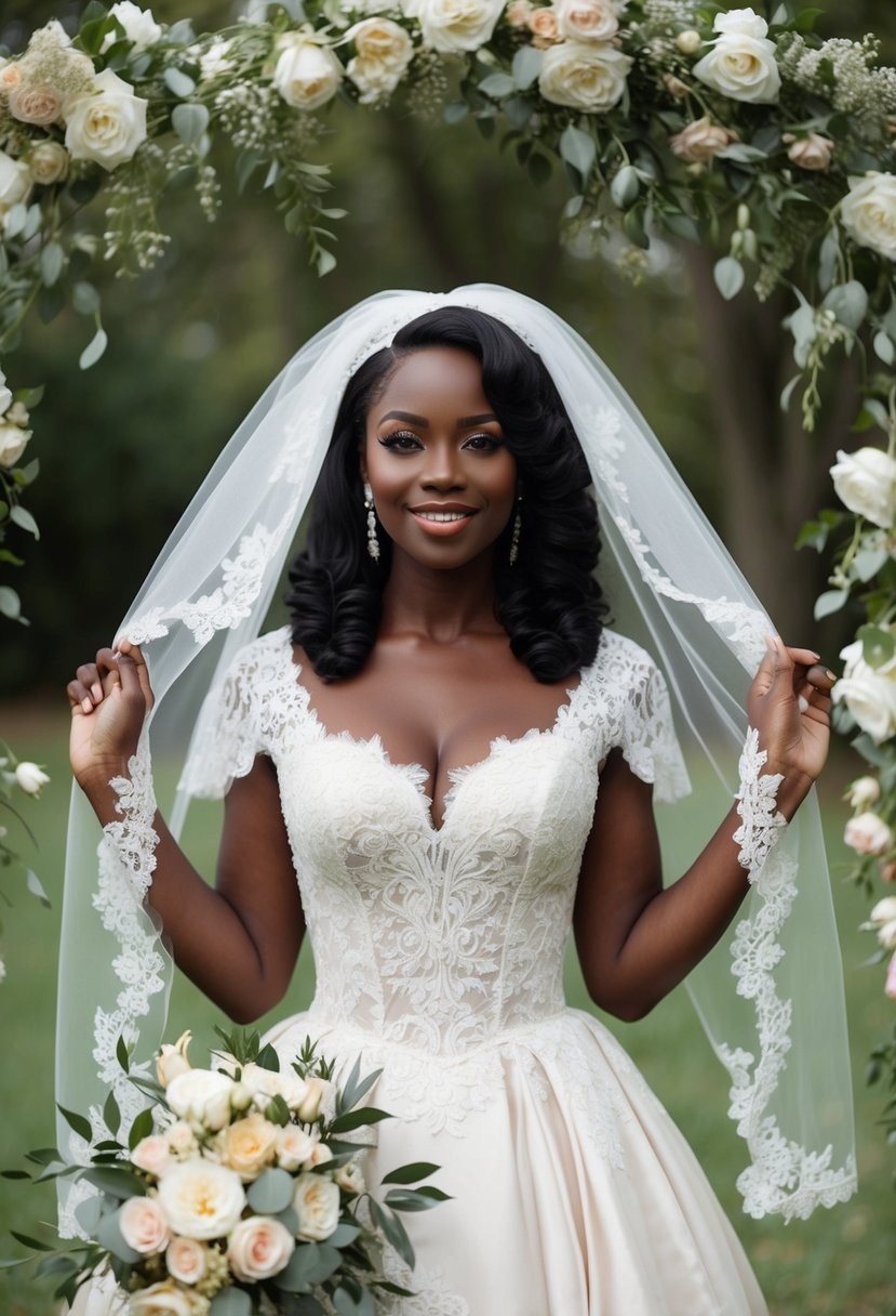 A black woman in a vintage-style A-line gown, surrounded by elegant lace and floral details, with a classic veil and bouquet