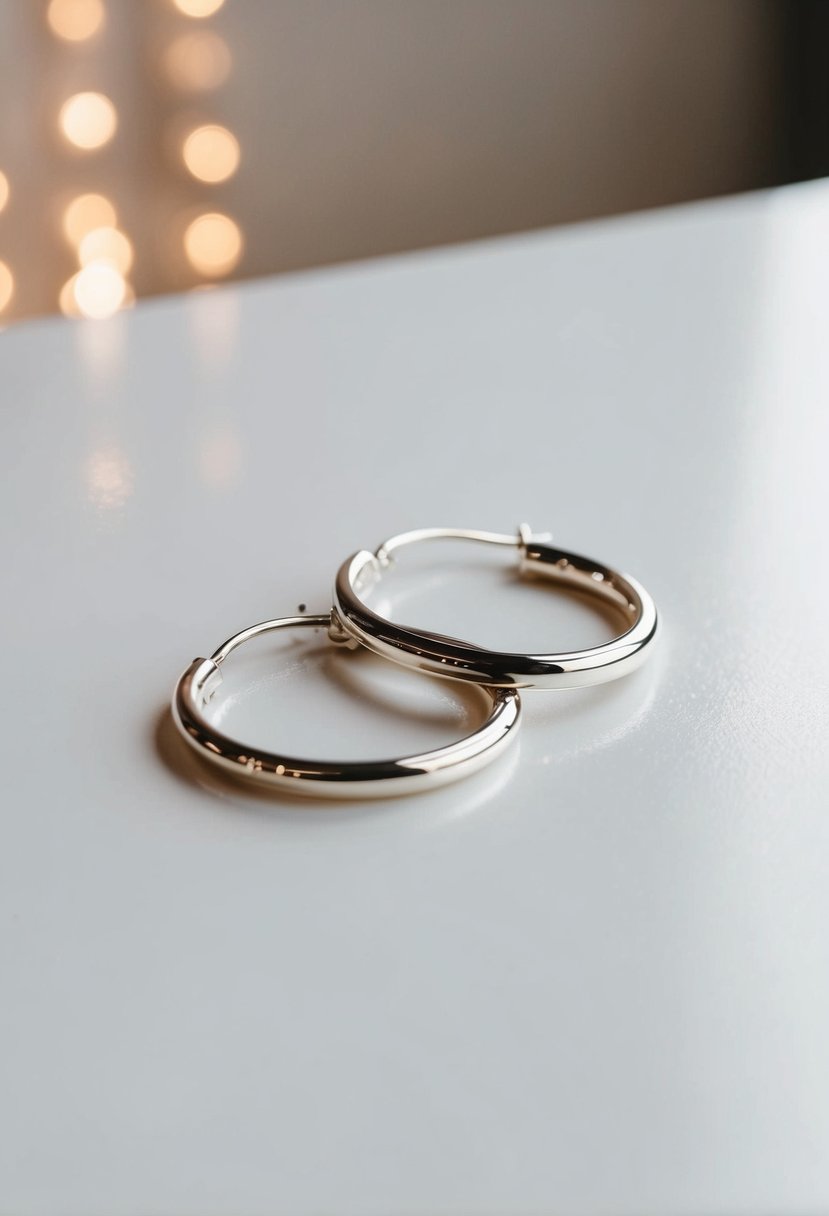 A pair of minimalist silver hoops lying on a clean, white surface