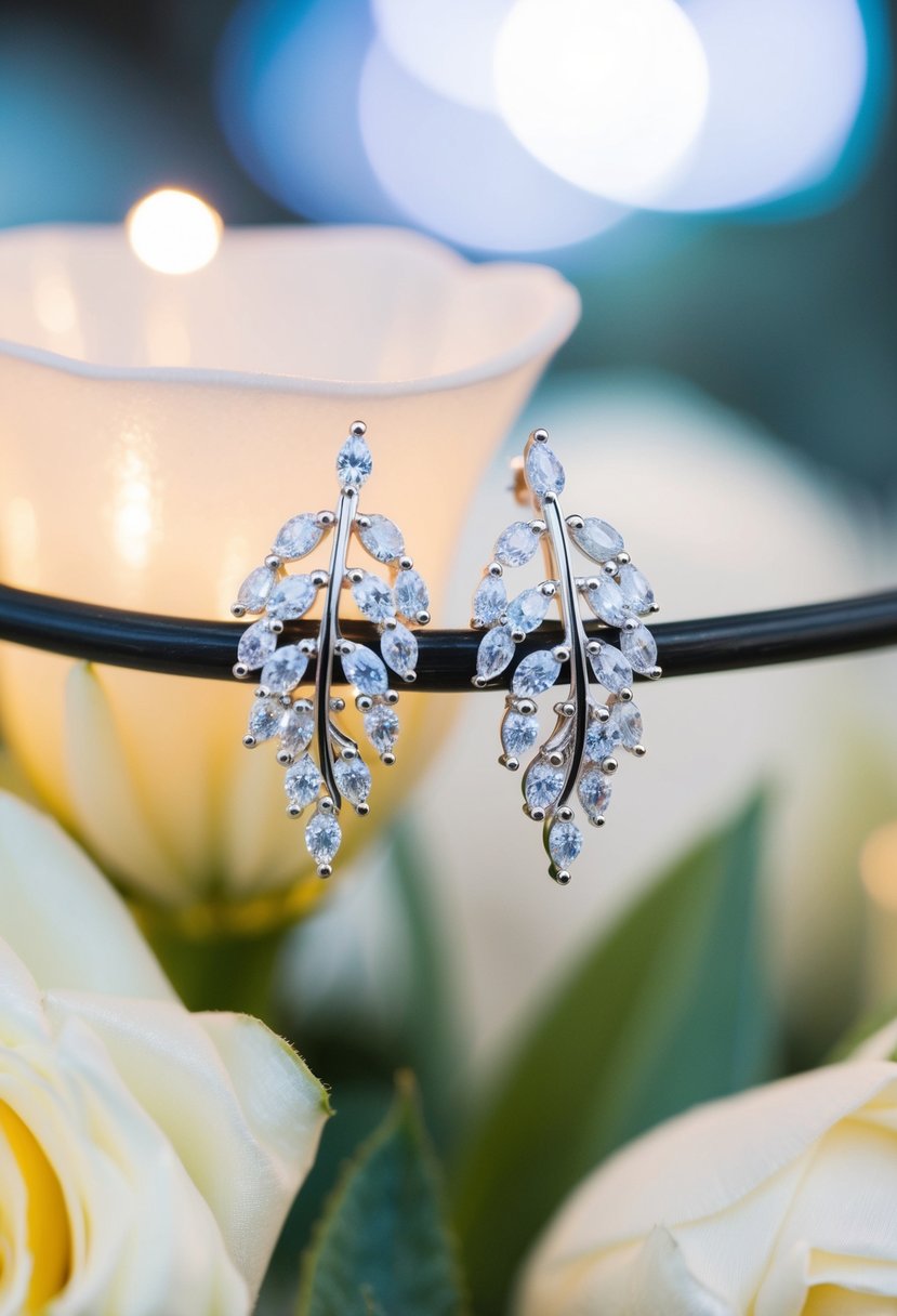 A pair of dainty leaf-shaped earrings made of cubic zirconia, sparkling under soft wedding lights