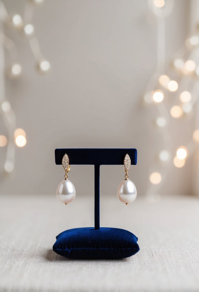 A pair of elegant pearl drop earrings displayed on a velvet cushion against a soft, neutral background