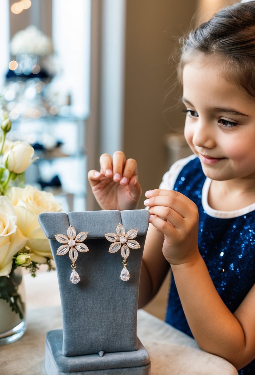 A young girl admires a pair of delicate, flower-shaped earrings with sparkling gemstones, displayed on a cushioned velvet stand at a wedding boutique