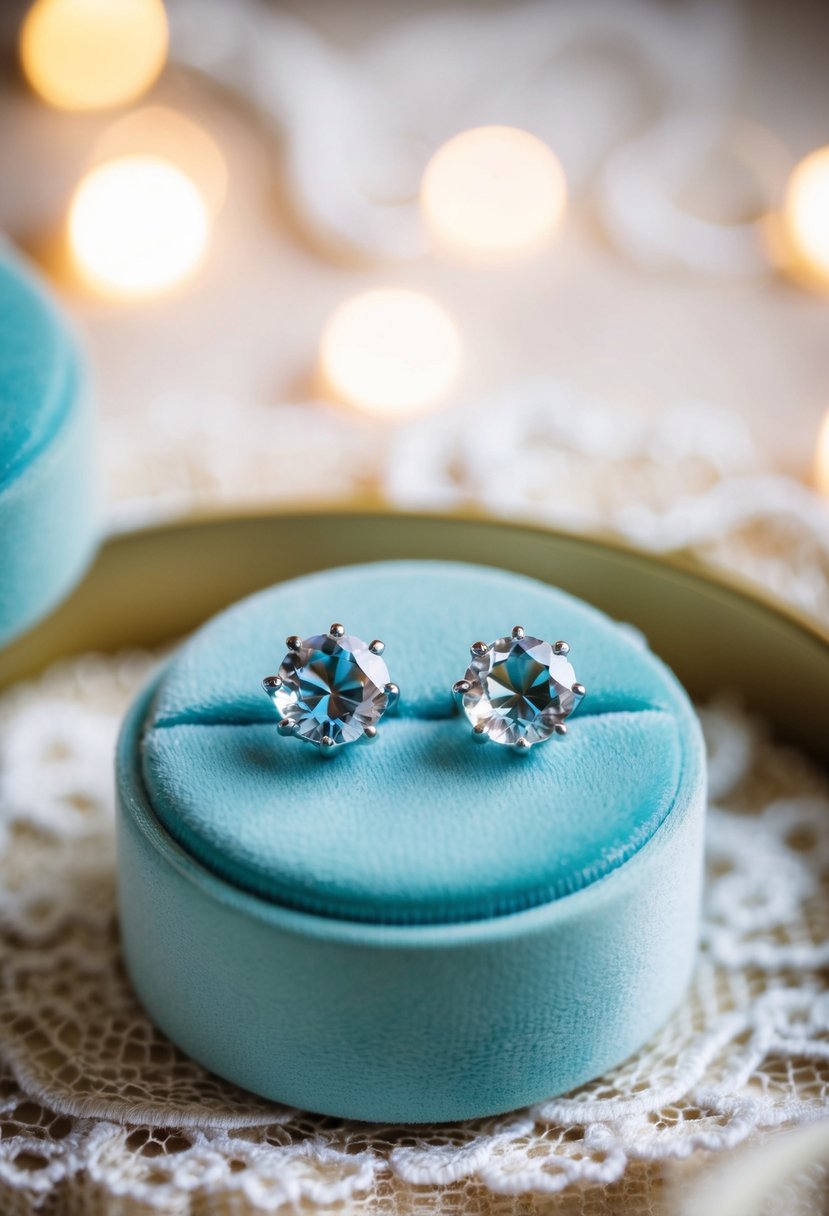 A pair of crystal studs glimmer on a velvet jewelry box, surrounded by soft lighting and delicate lace