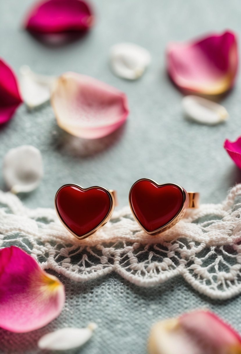 Two heart-shaped stud earrings placed on a delicate lace fabric with rose petals scattered around