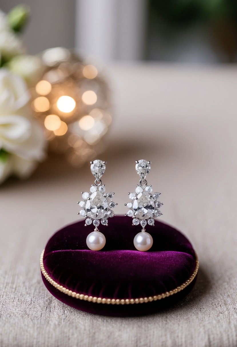 A sparkling pair of diamond and pearl wedding earrings displayed on a luxurious velvet cushion