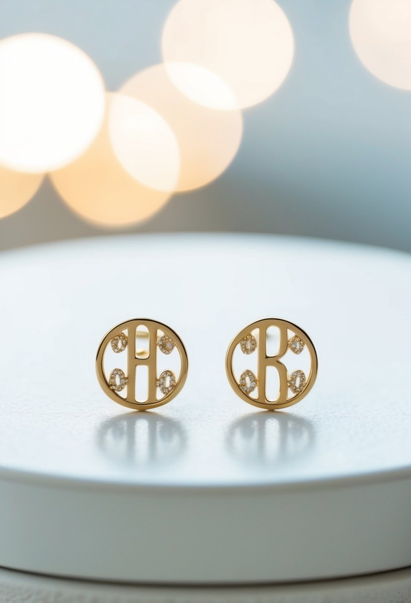 A pair of delicate monogram initial earrings displayed on a clean, white surface with soft lighting