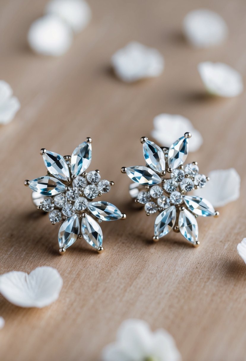 A pair of sparkling crystal clip-on earrings adorned with delicate floral designs, perfect for a kids' wedding outfit