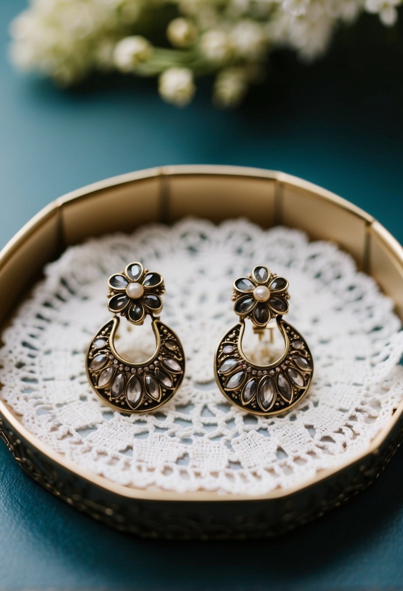 A delicate pair of vintage-inspired clip-on earrings displayed on a lace-lined jewelry tray