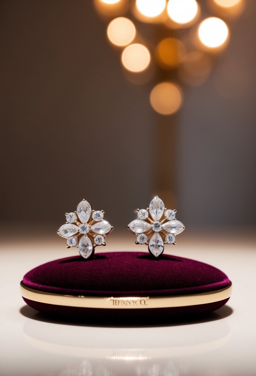 A luxurious pair of Tiffany & Co. Victoria Earrings displayed on a velvet cushion under soft, warm lighting