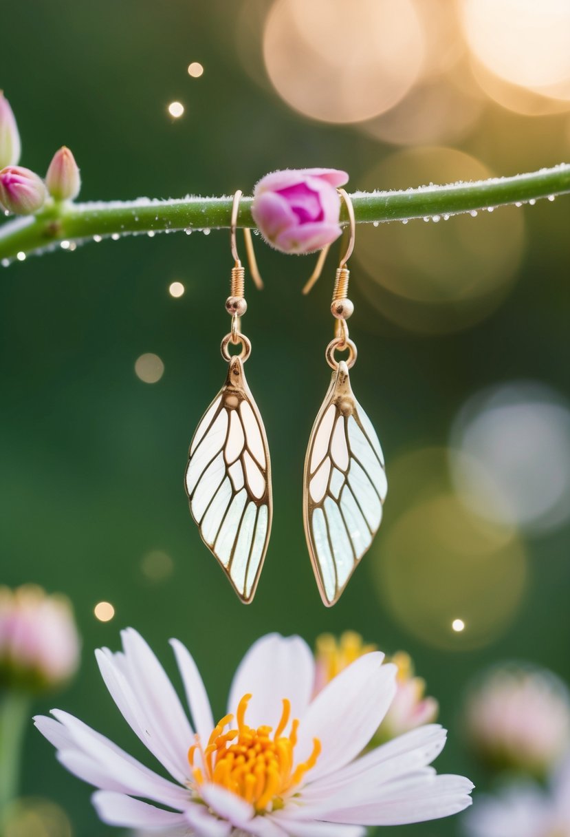 Two delicate butterfly wing earrings dangle from a blooming flower, surrounded by sparkles and shimmering light