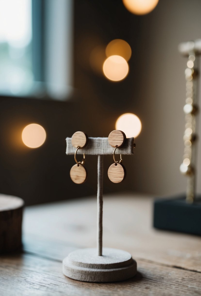 Two delicate wooden stud earrings displayed on a rustic, handcrafted jewelry stand, with soft lighting highlighting their simple yet elegant design