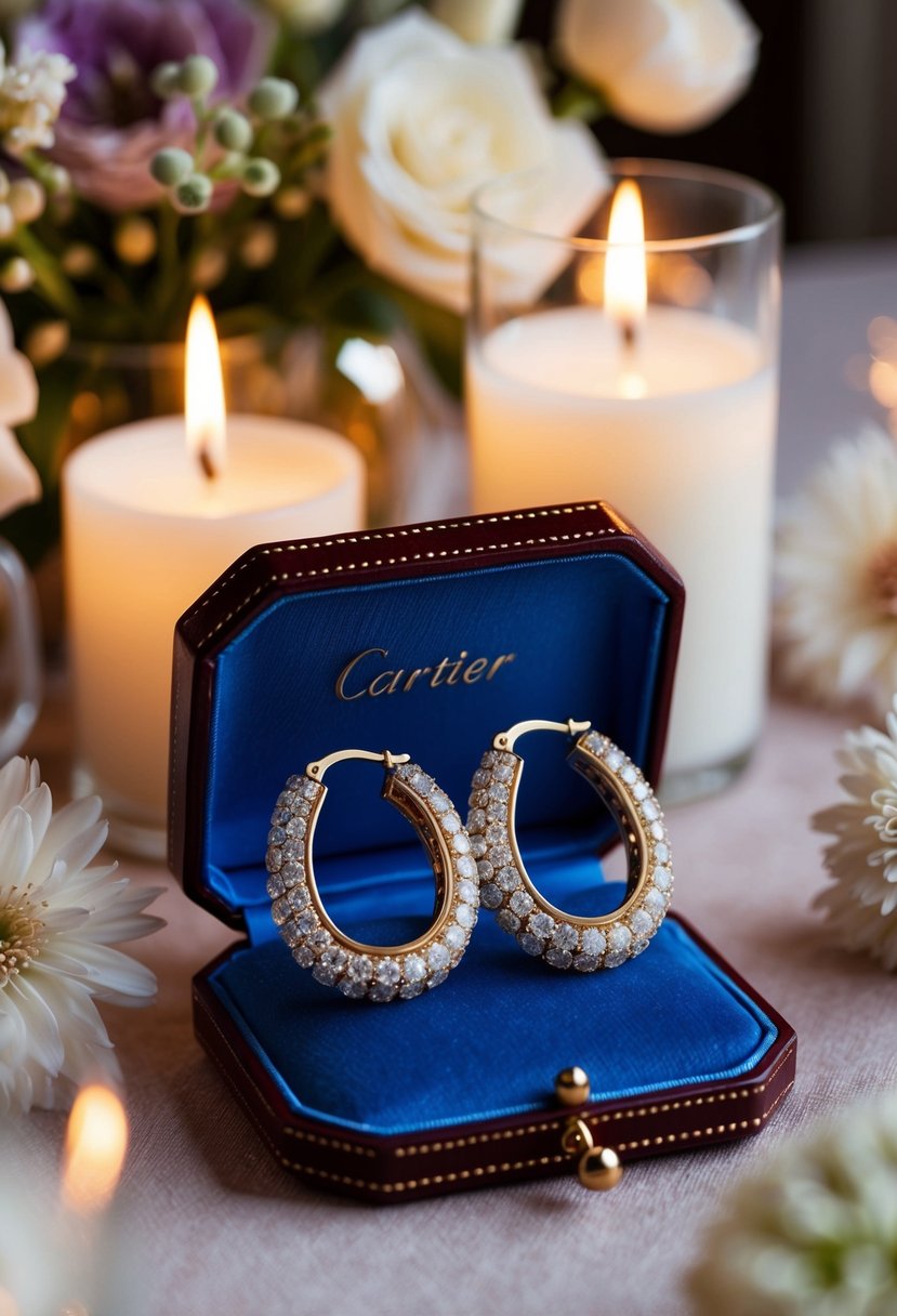 A luxurious pair of Cartier Agrafe earrings displayed on a velvet cushion, surrounded by soft candlelight and delicate floral arrangements