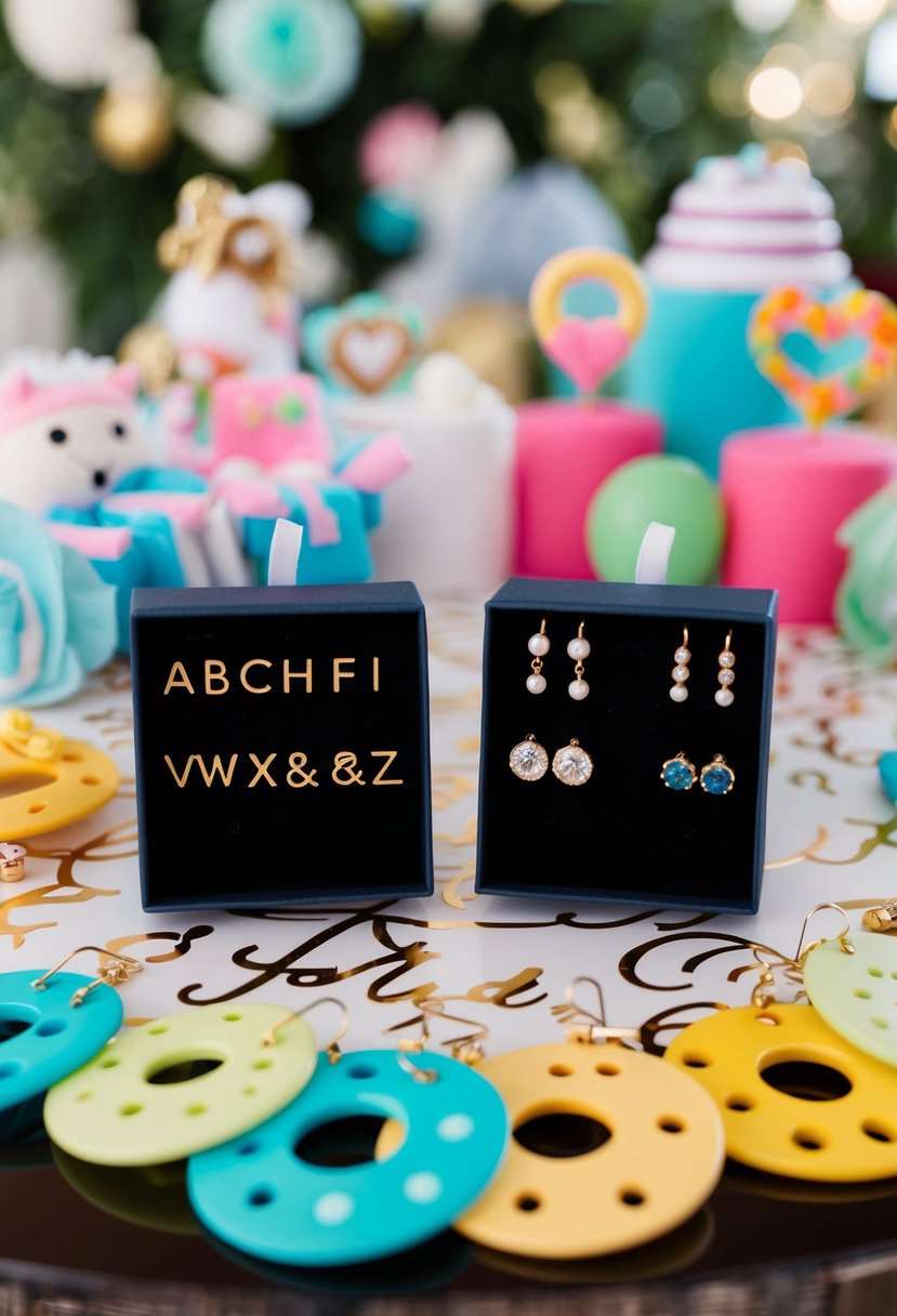 Two sets of alphabet initial earrings displayed on a table with a wedding theme and surrounded by playful kids' accessories