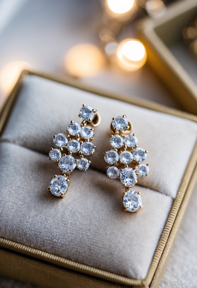 A luxurious pair of Harry Winston Cluster Drop Earrings placed on a velvet cushion under soft lighting