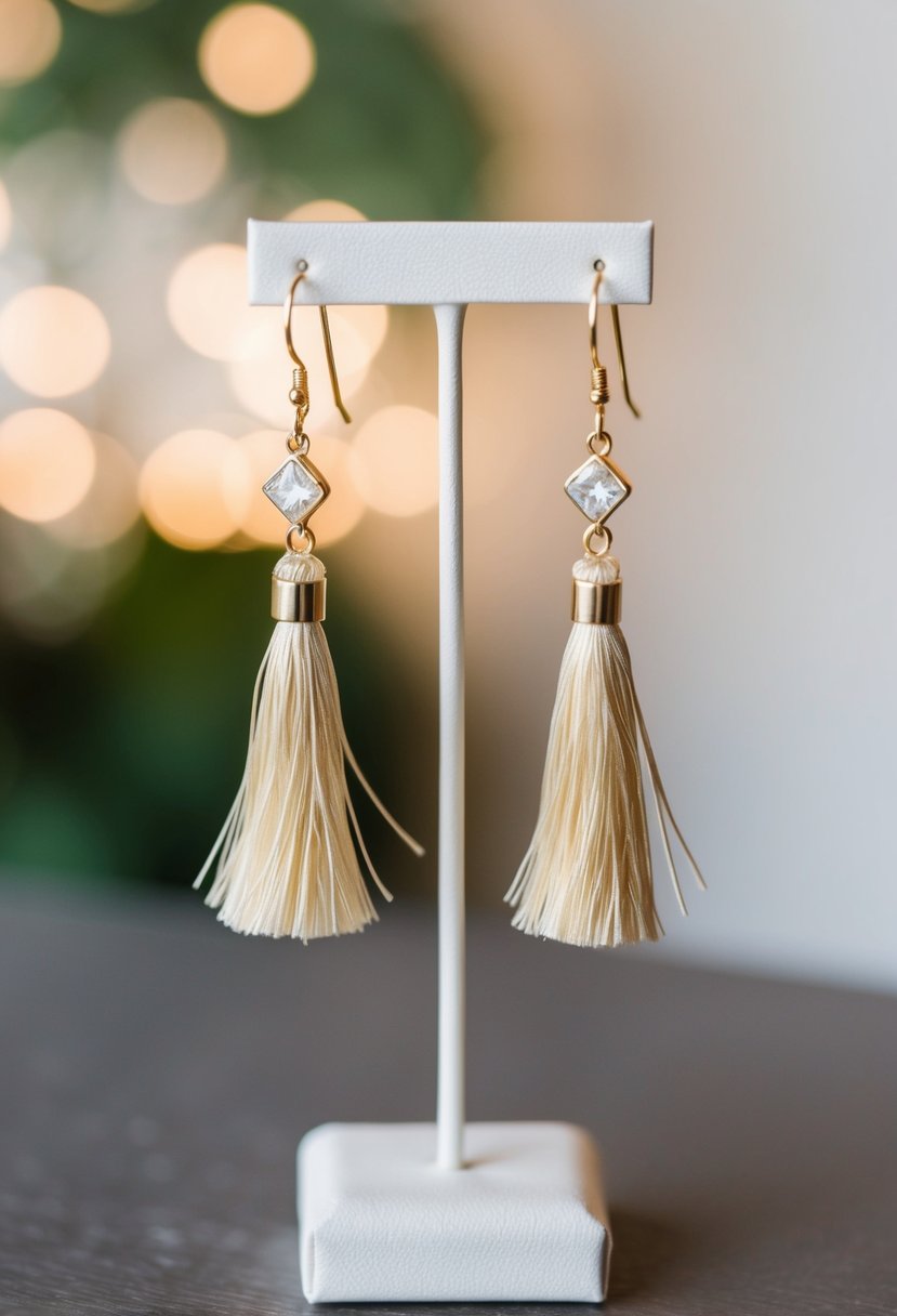 A pair of delicate tassel earrings hanging from a simple display stand, with soft lighting highlighting their elegant design