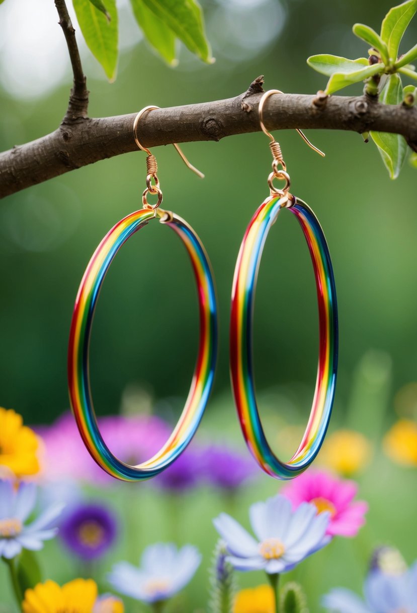 A pair of rainbow hoop earrings hanging from a tree branch, surrounded by colorful flowers and butterflies