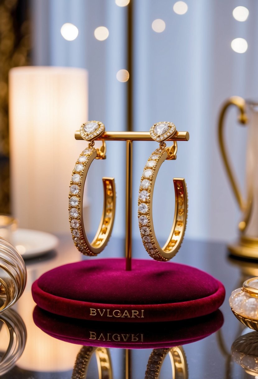 A luxurious pair of Bvlgari Diva's Dream Earrings displayed on a velvet cushion, surrounded by soft lighting and elegant decor