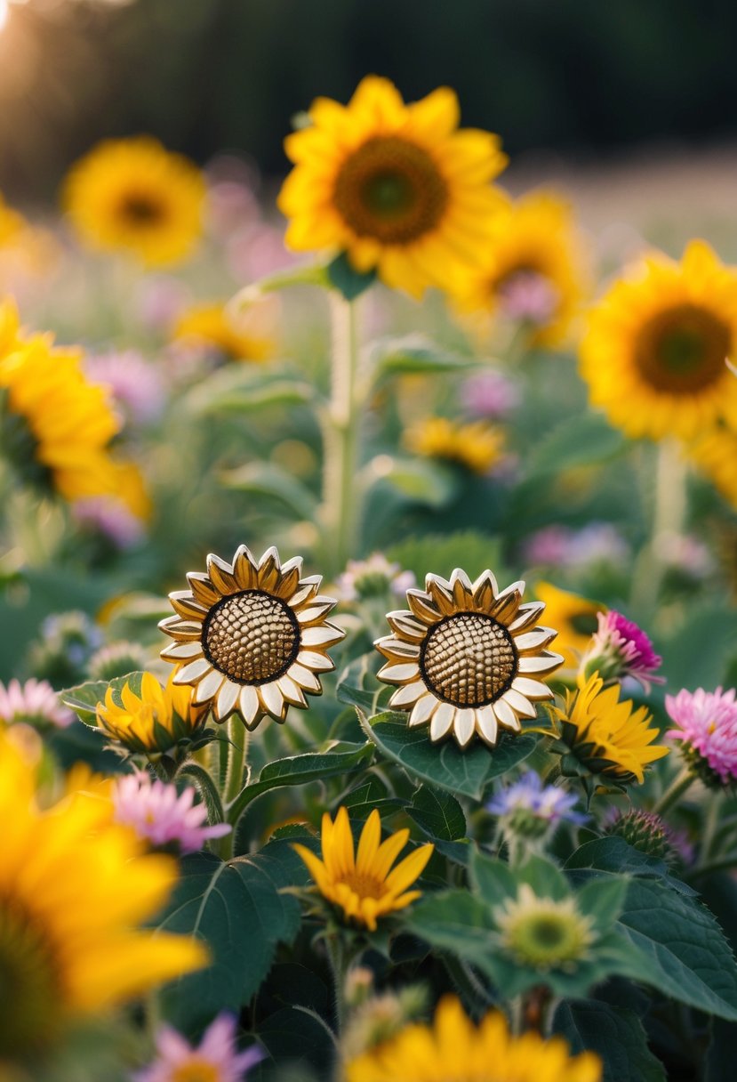 Two sunflower charm studs nestled in a bed of colorful wildflowers, with a soft, warm sunlight illuminating the scene