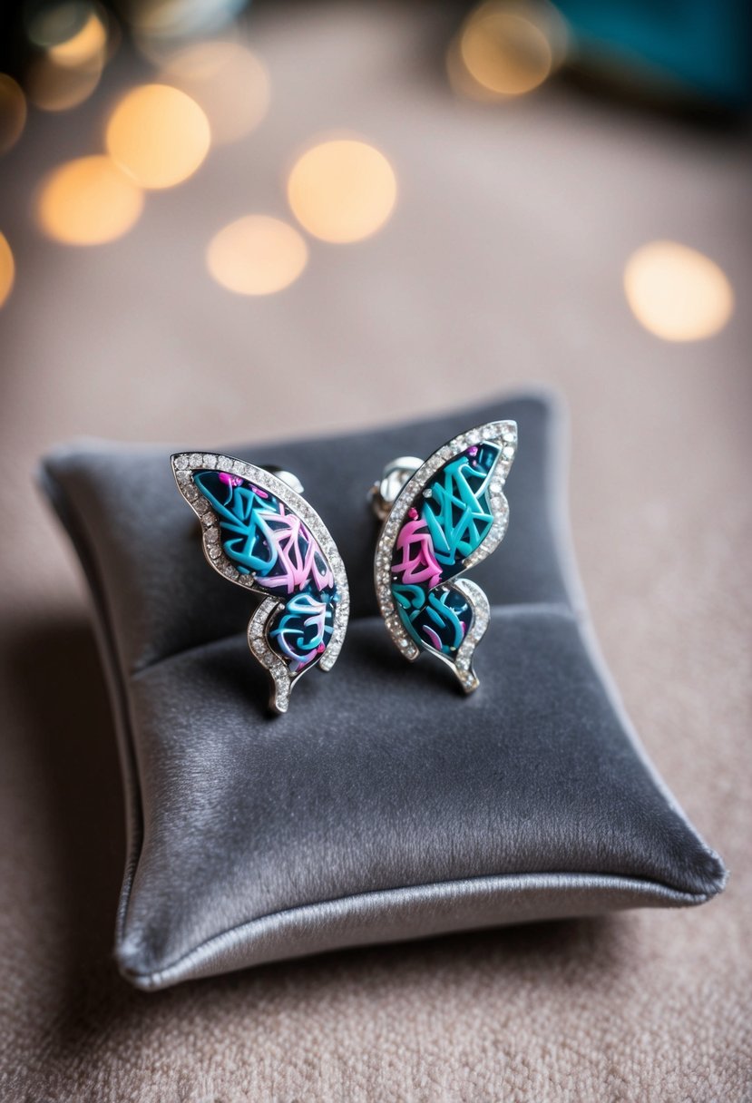 A pair of delicate butterfly-shaped earrings, adorned with intricate graffiti-style designs, shimmering with sparkling gemstones, displayed on a luxurious velvet cushion