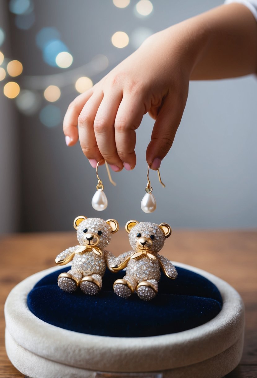 A young girl's hand reaches for a pair of sparkly teddy bear pearl drop earrings displayed on a velvet cushion