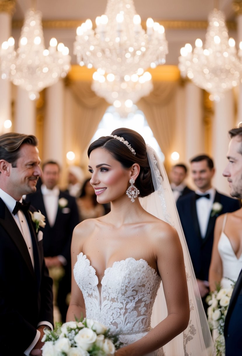 A lavish wedding scene with a bride wearing Van Cleef & Arpels Alhambra earrings, surrounded by opulent decor and elegant guests