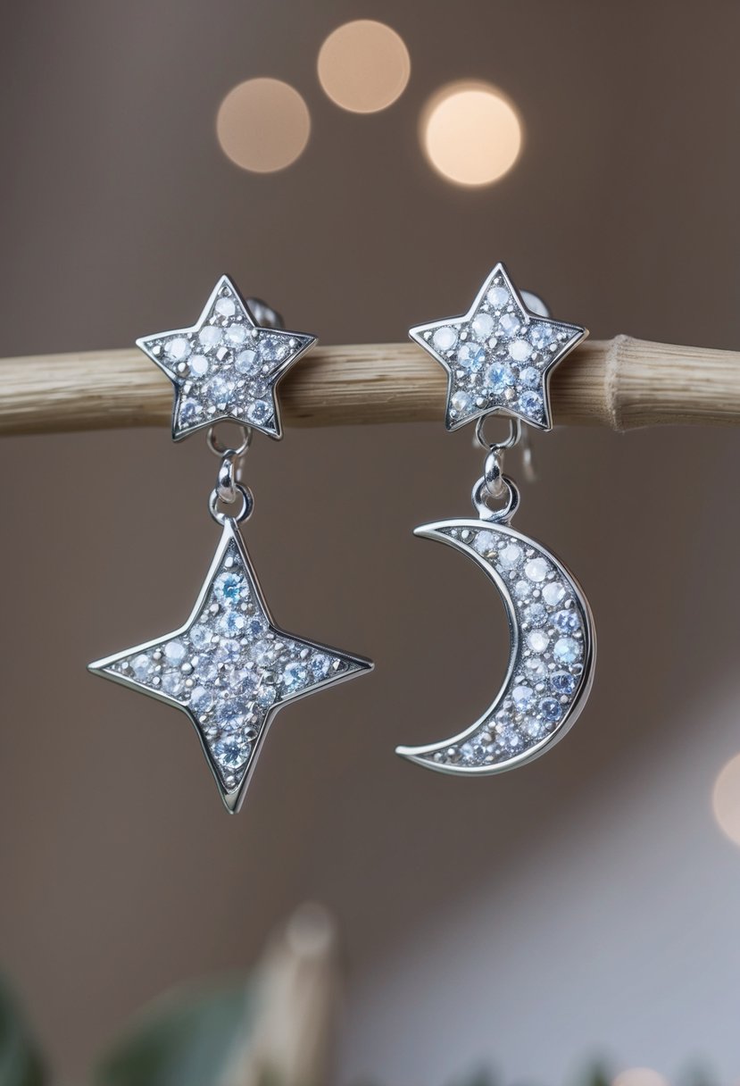 A star-shaped earring dangles from one ear, while a crescent moon earring adorns the other. Both are adorned with sparkling gemstones