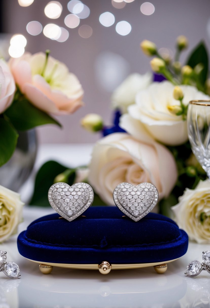 A luxurious pair of Chopard Happy Hearts Earrings displayed on a velvet cushion, surrounded by sparkling diamonds and elegant floral arrangements