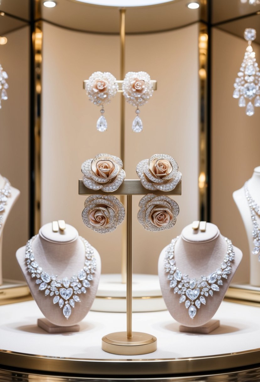 A luxurious display of Piaget Rose Earrings, sparkling in the soft glow of a high-end jewelry store, surrounded by other extravagant wedding earring options