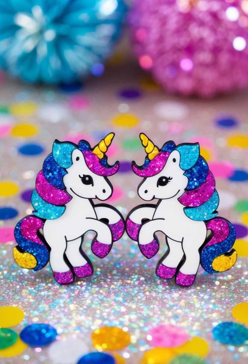 A pair of unicorn glitter clip-on earrings displayed on a sparkling surface, surrounded by colorful confetti and whimsical decorations