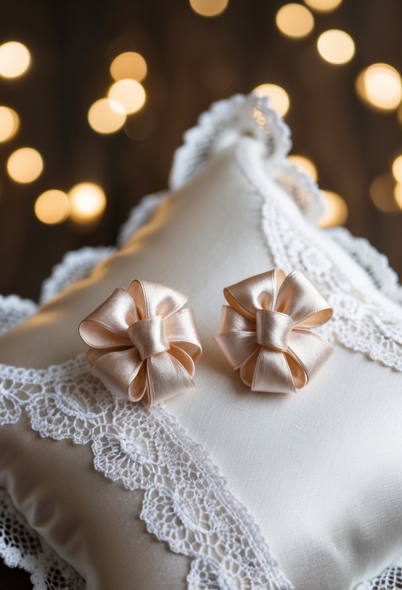 A pair of delicate bow knot earrings resting on a lace-trimmed satin pillow