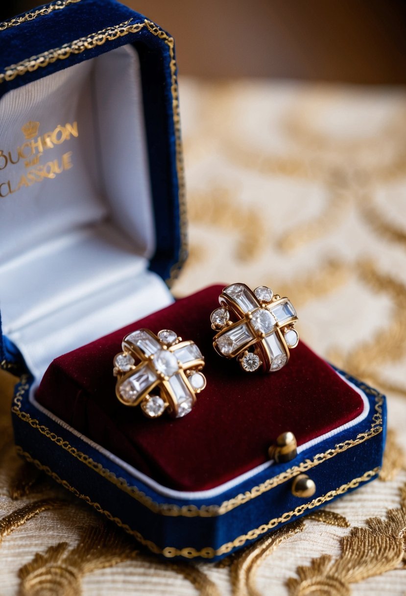 A luxurious pair of Boucheron Quatre Classique Earrings displayed on a velvet cushion in an ornate jewelry box