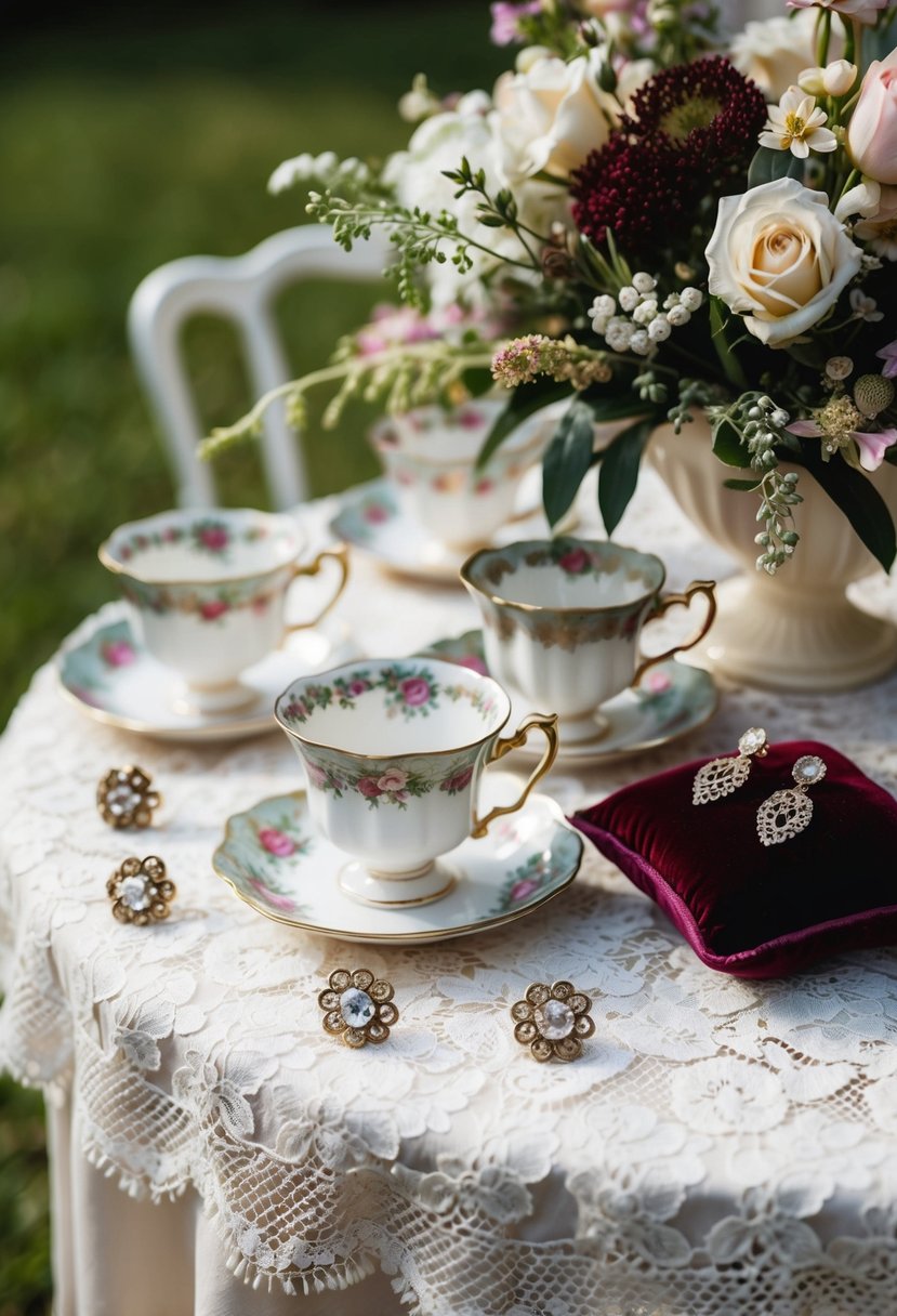 A lace tablecloth adorned with antique teacups and delicate floral arrangements, surrounded by vintage wedding earrings displayed on a velvet cushion