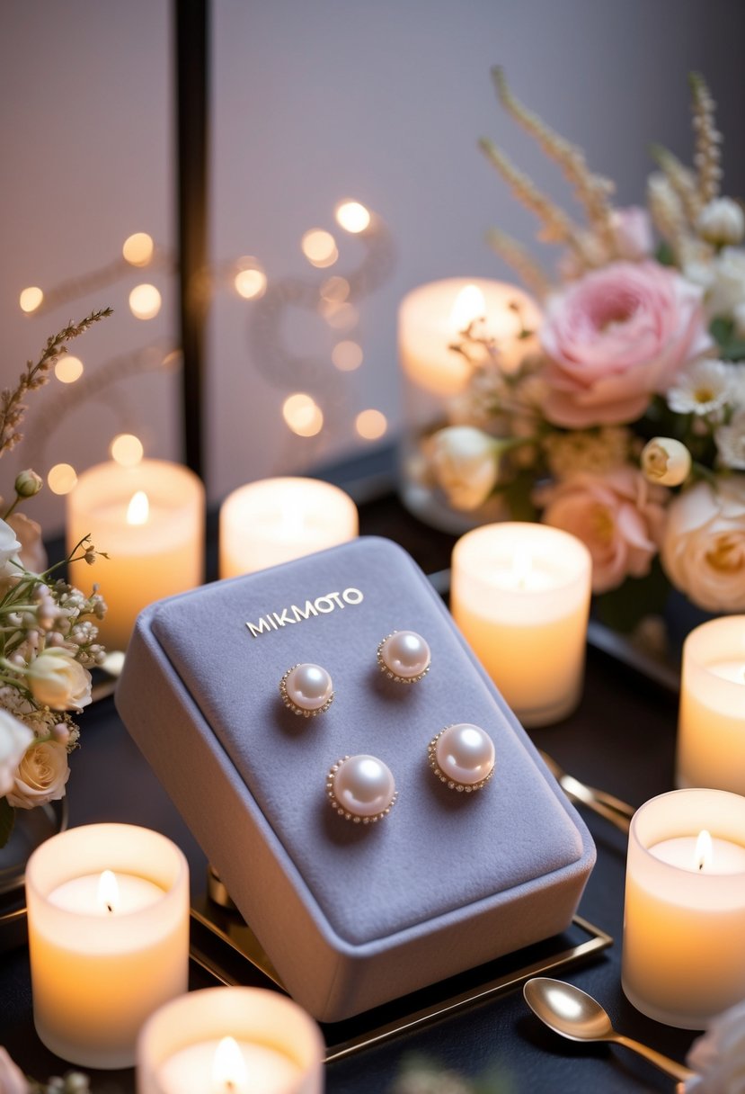 A luxurious display of Mikimoto Akoya Pearl Earrings on a velvet cushion, surrounded by soft candlelight and delicate floral arrangements