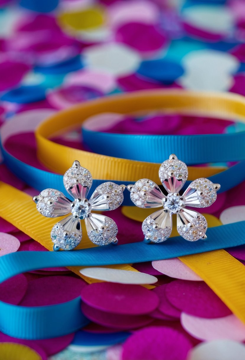 Two sparkling flower stud earrings nestled among colorful confetti and ribbons