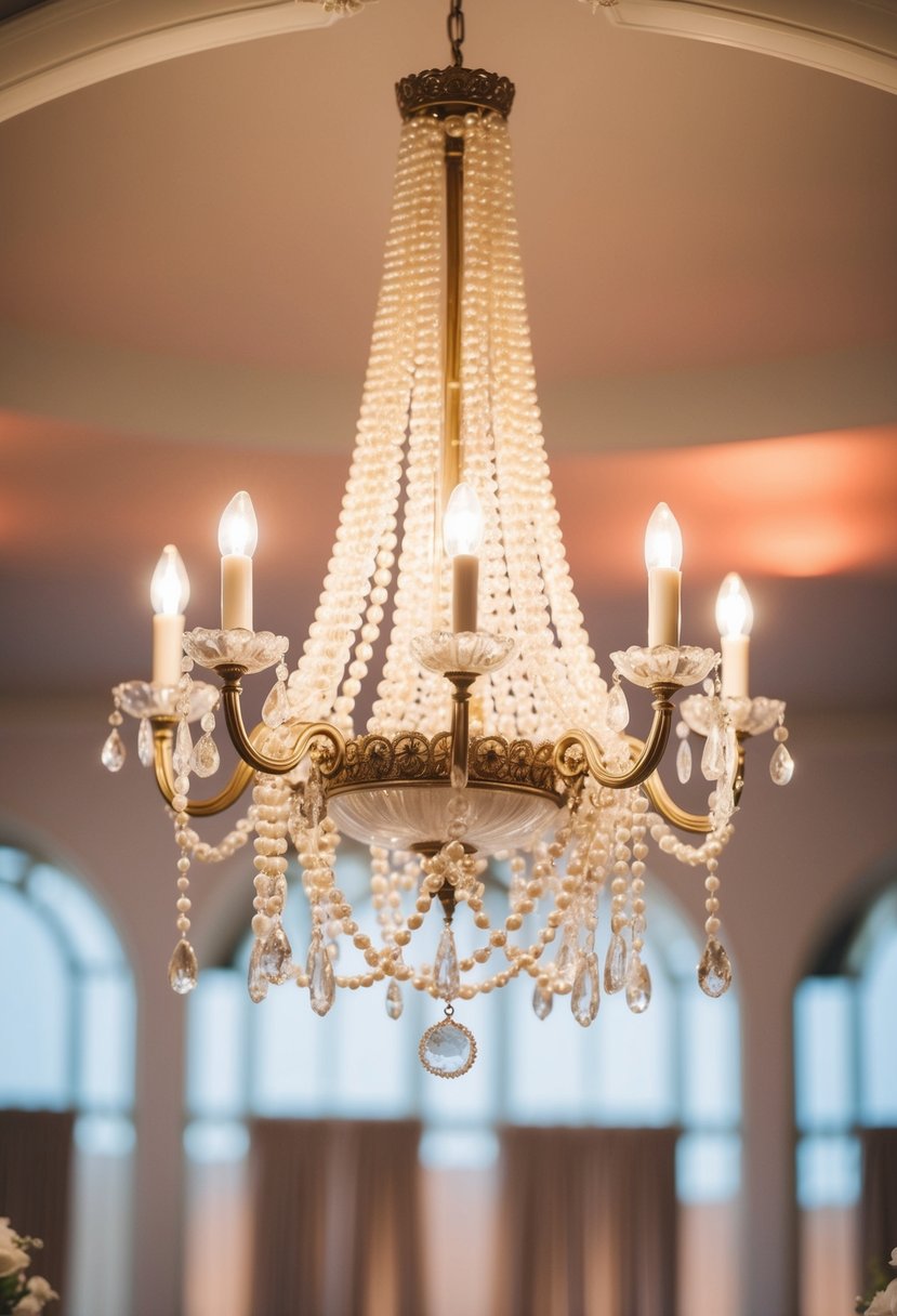 A chandelier with pearl dangles hangs above a vintage wedding setting