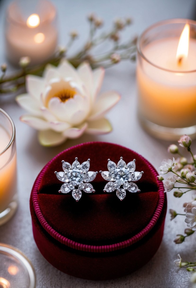 A sparkling pair of lotus-shaped diamond earrings displayed on a luxurious velvet cushion, surrounded by soft candlelight and delicate floral arrangements