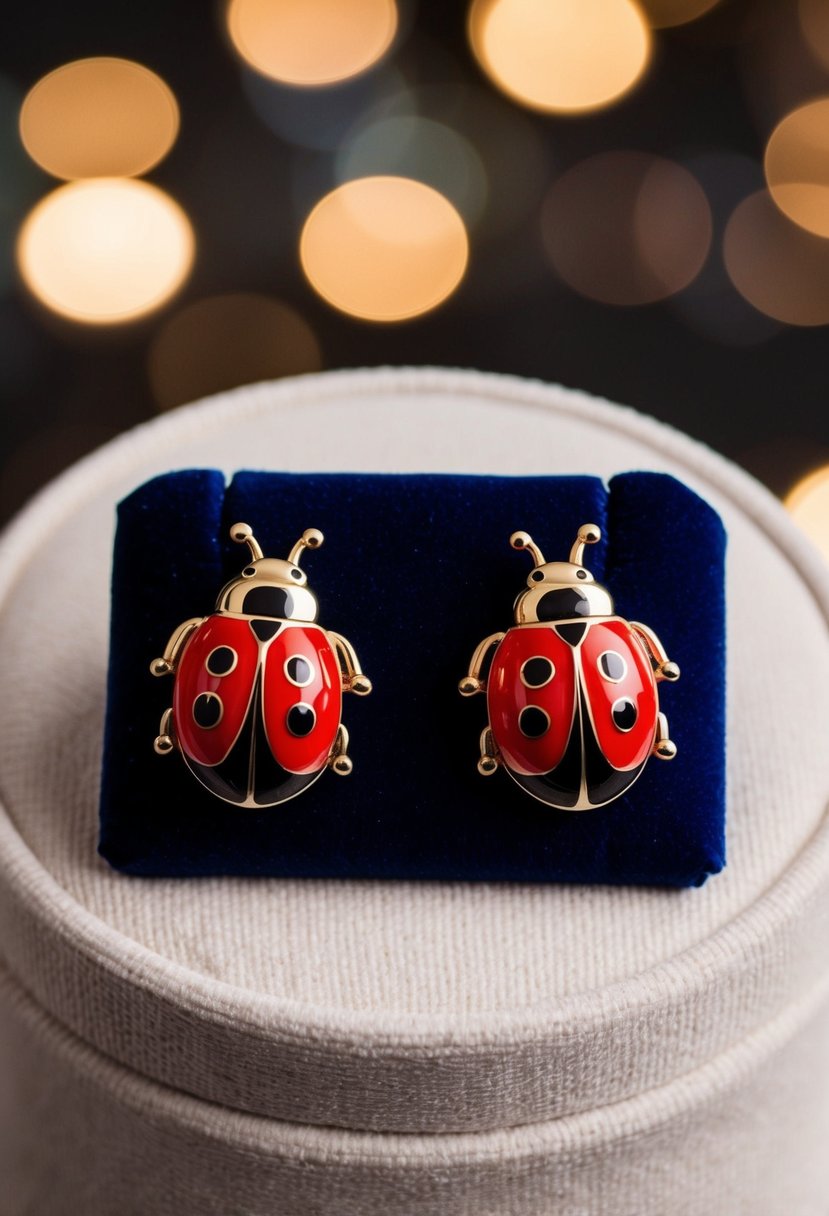 Two ladybug enamel earrings displayed on a velvet cushion