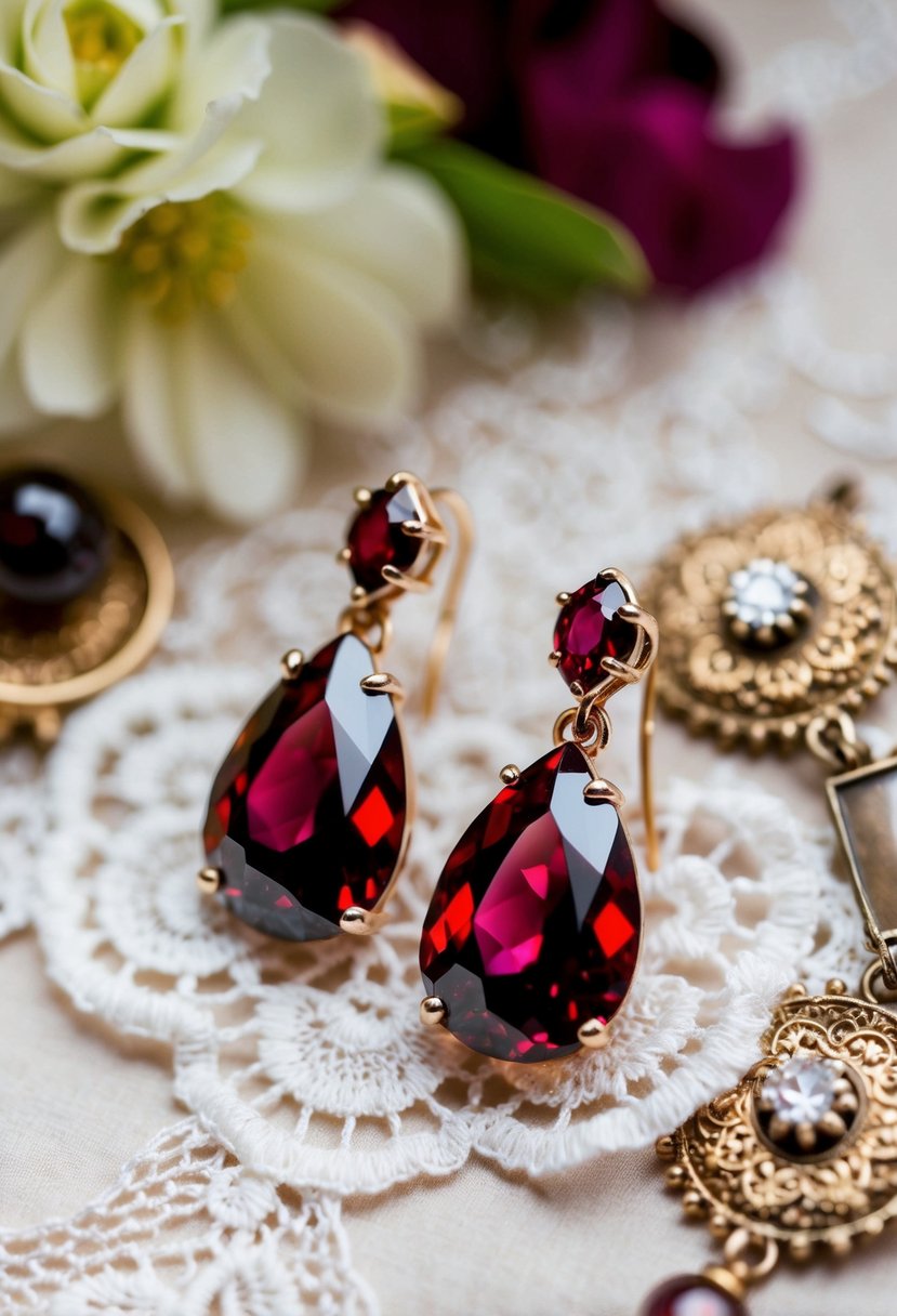 A close-up of Victorian garnet teardrop earrings on a lace background with vintage wedding elements