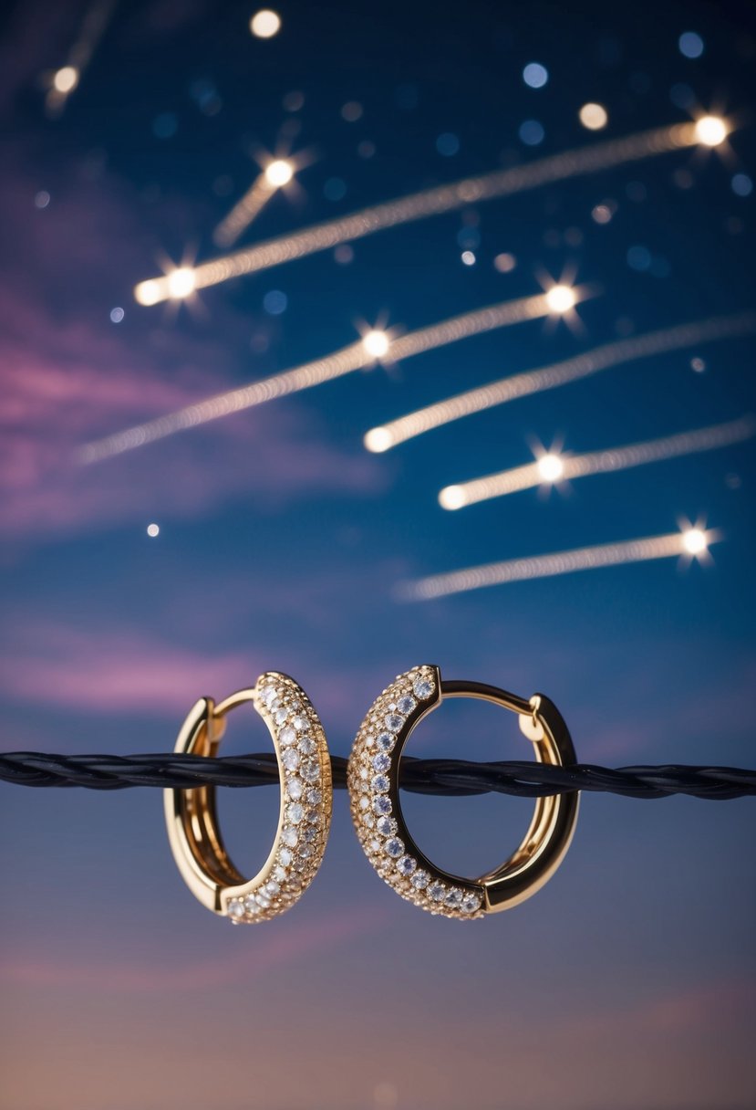 A night sky with shooting stars and a pair of sparkling earrings