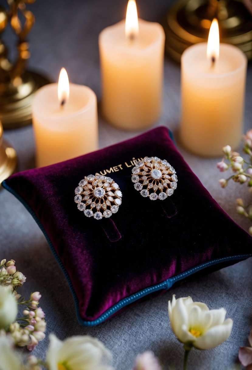 A pair of Chaumet Liens Côte d'Amour Earrings displayed on a luxurious velvet cushion, surrounded by soft candlelight and delicate floral arrangements