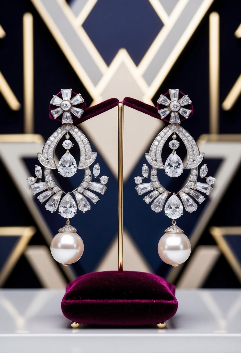 A pair of intricate diamond and pearl Art Deco earrings displayed on a velvet cushion against a backdrop of geometric patterns and gold accents