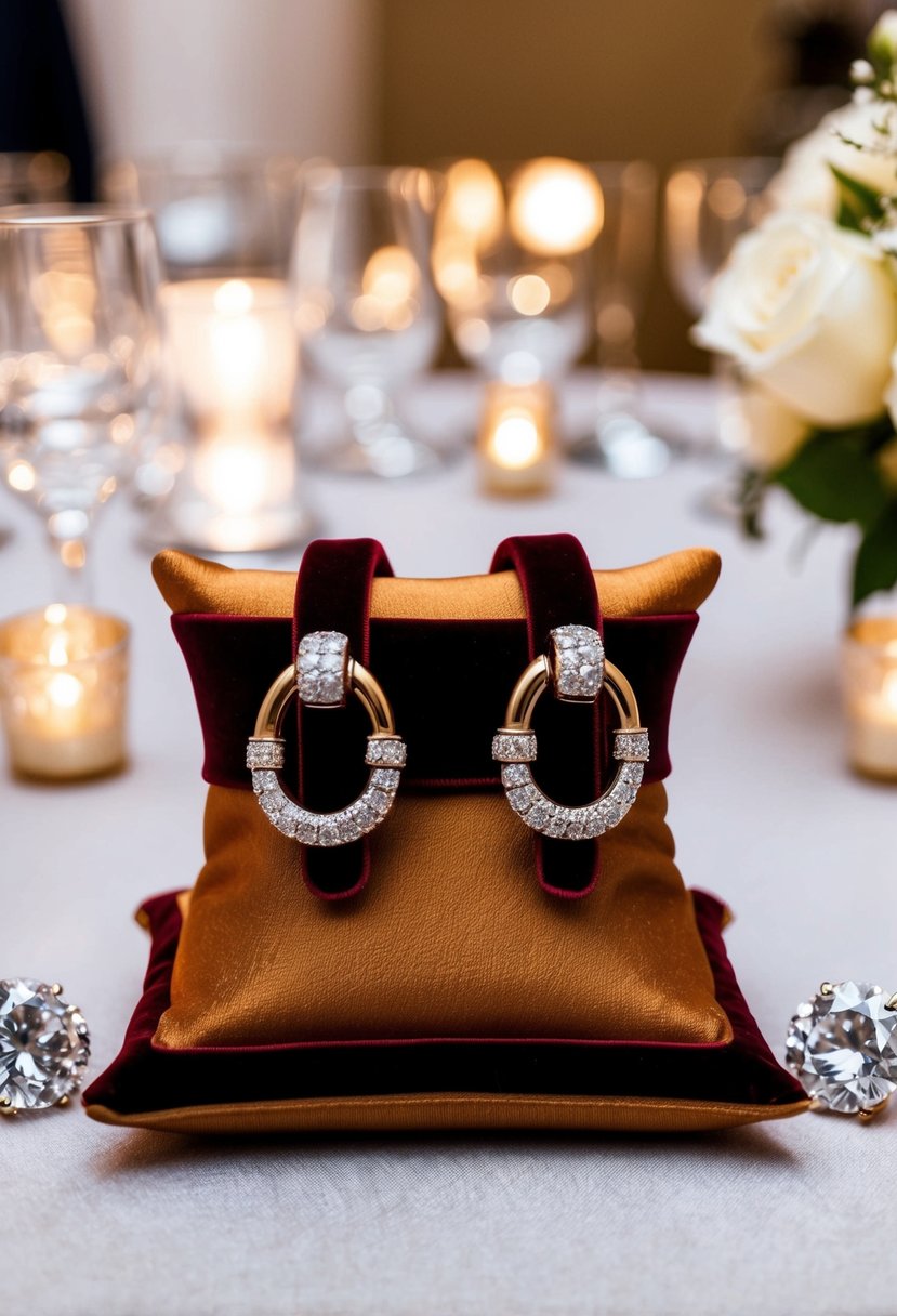 A luxurious pair of Gucci Horsebit Earrings displayed on a velvet cushion, surrounded by sparkling diamonds and elegant wedding decor