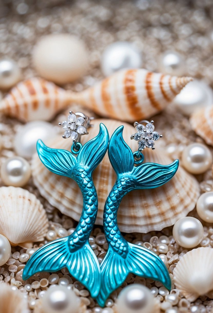 A pair of sparkling mermaid tail earrings resting on a bed of seashells and pearls