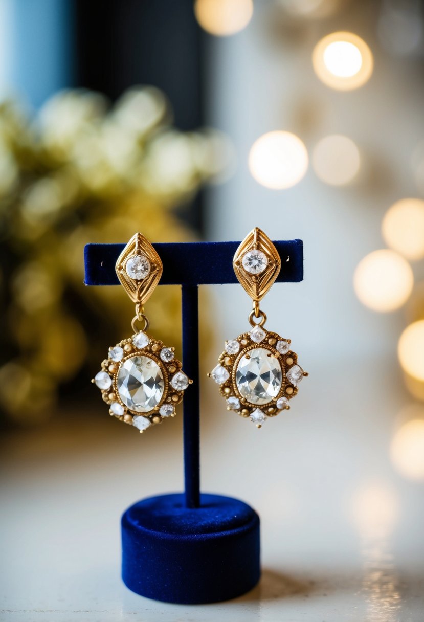 A pair of vintage charm earrings with gold and crystal details, displayed on a velvet jewelry stand