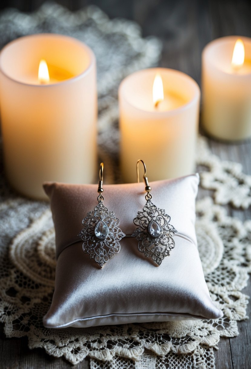 A pair of delicate, intricate heirloom wedding earrings displayed on a satin cushion, surrounded by soft candlelight and vintage lace