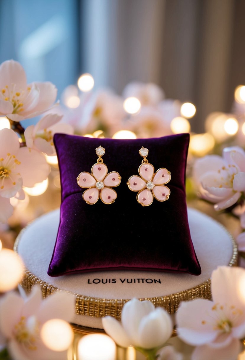 A luxurious pair of Louis Vuitton Blossom Earrings displayed on a velvet cushion, surrounded by soft, romantic lighting