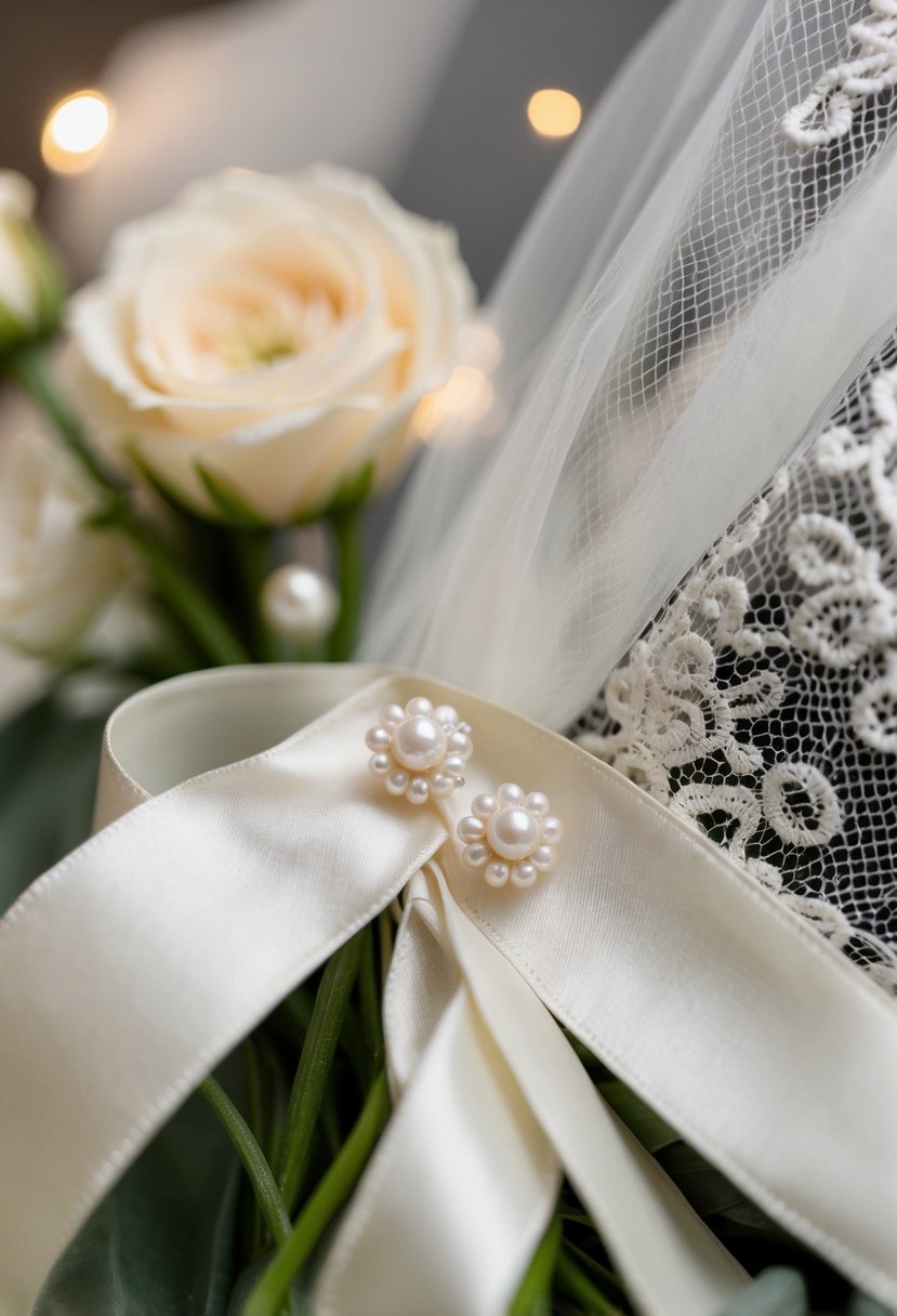 A close-up of elegant pearl studs against a lace veil and satin ribbon, with soft lighting to create a vintage wedding ambiance