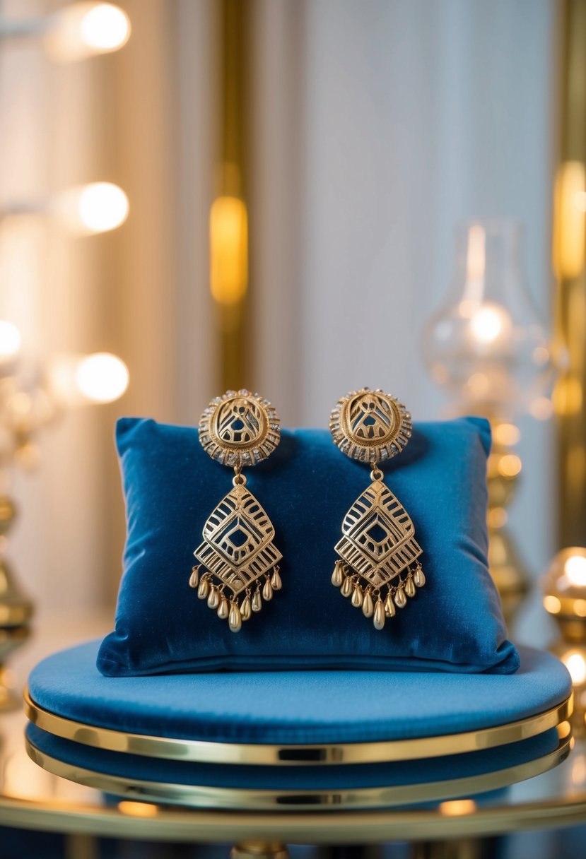 A luxurious pair of Dior Tribales Earrings displayed on a velvet cushion, surrounded by soft lighting and elegant decor