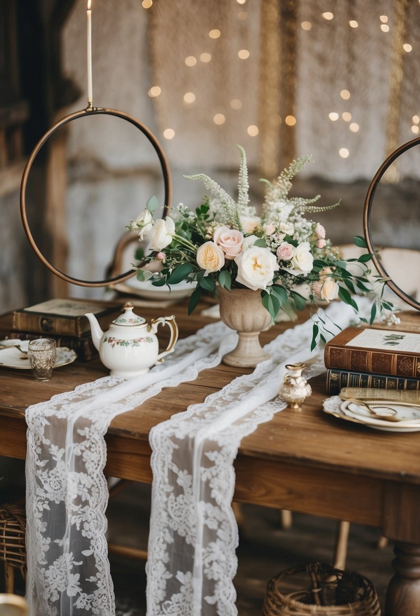 A rustic wooden table adorned with vintage hoops, lace, and delicate florals. A vintage teapot and antique books complete the bohemian wedding scene