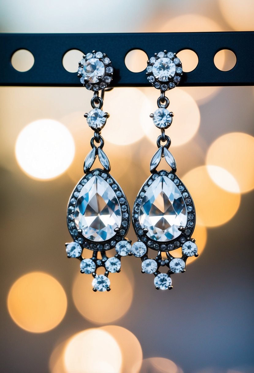 A pair of vintage wedding earrings with crystal and rhinestone drops hanging from a delicate silver setting, catching the light in a romantic and elegant display